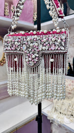 Load image into Gallery viewer, Designer Pearl  Crystal  Clutch - Red
