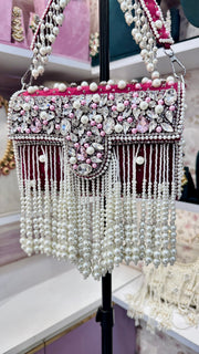 Designer Pearl  Crystal  Clutch - Red