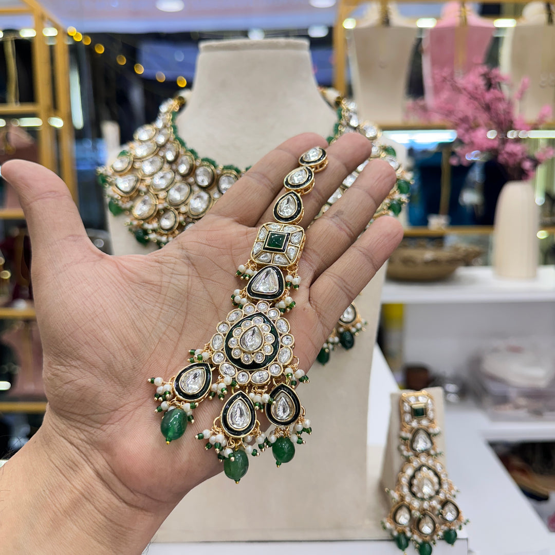 Maleeha Kundan Polki Semi Bridal Necklace - Green