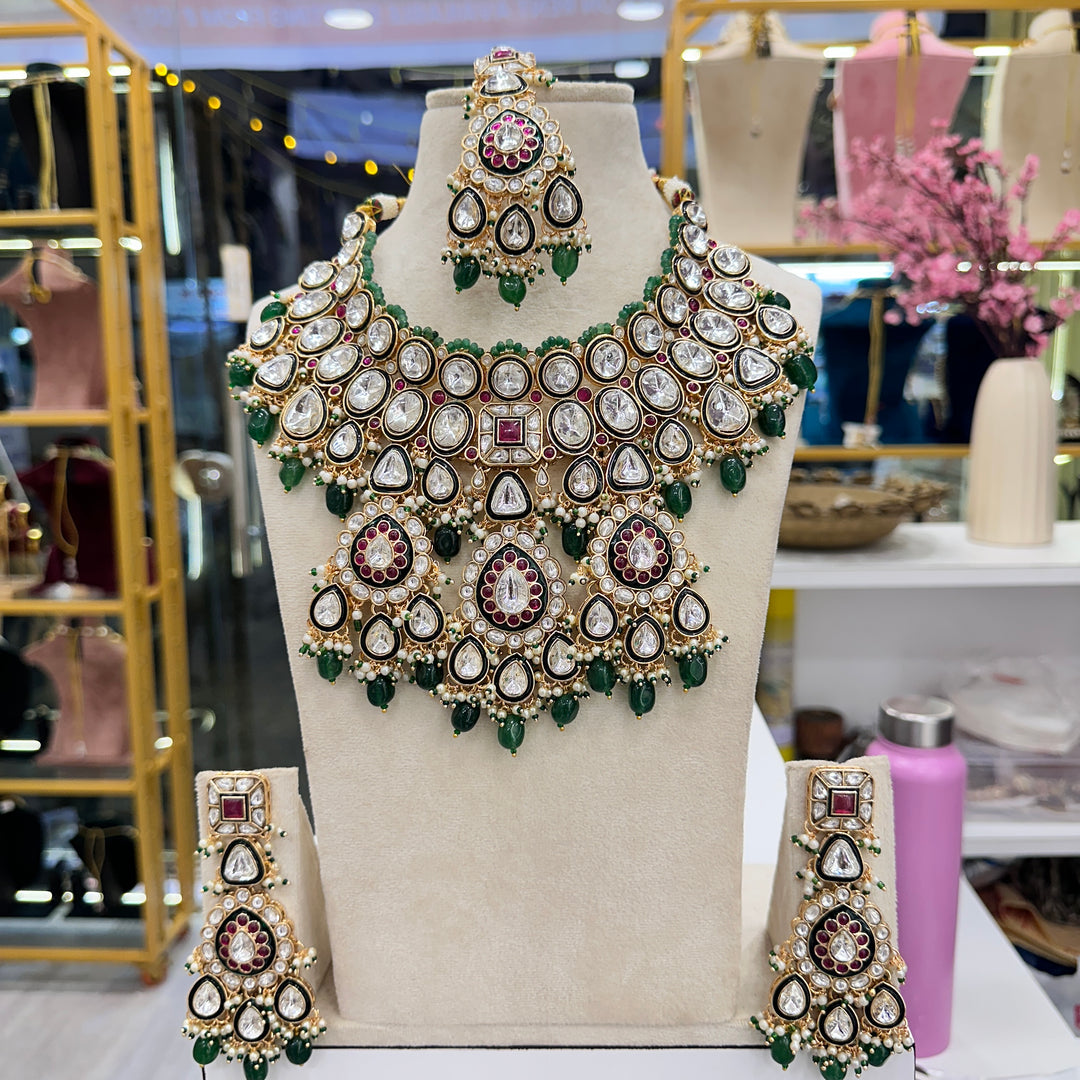 Maleeha Kundan Polki Semi Bridal Necklace - Ruby Green