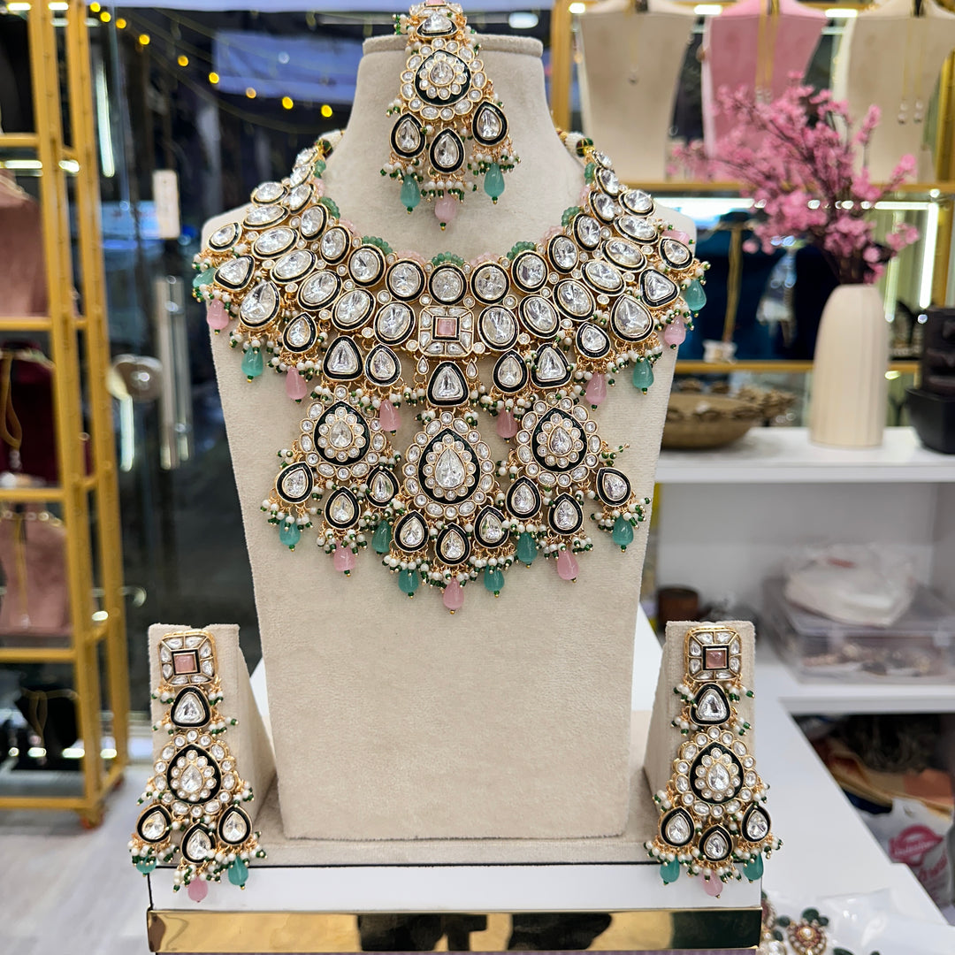 Maleeha Kundan Polki Semi Bridal Necklace - Pink Mint