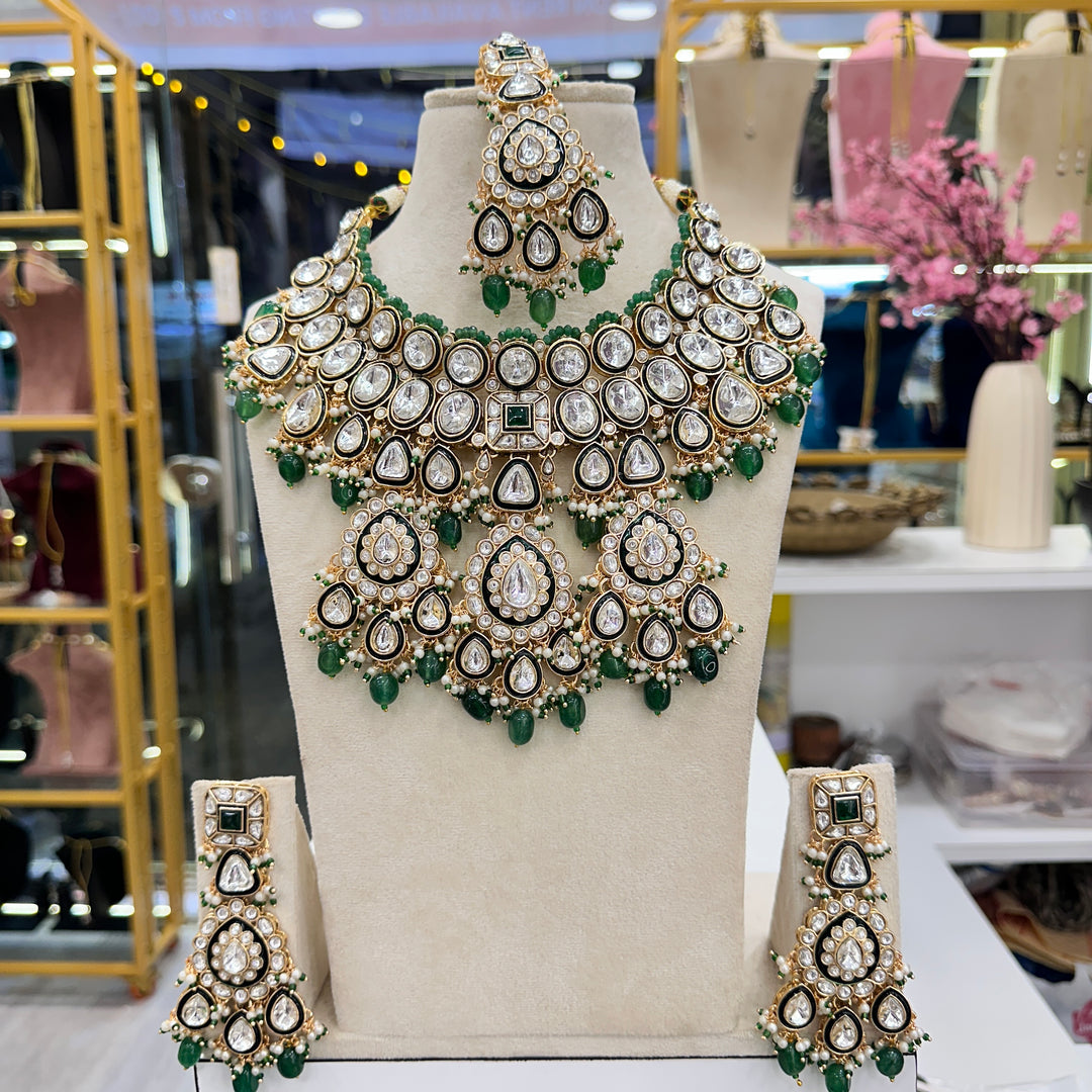 Maleeha Kundan Polki Semi Bridal Necklace - Green