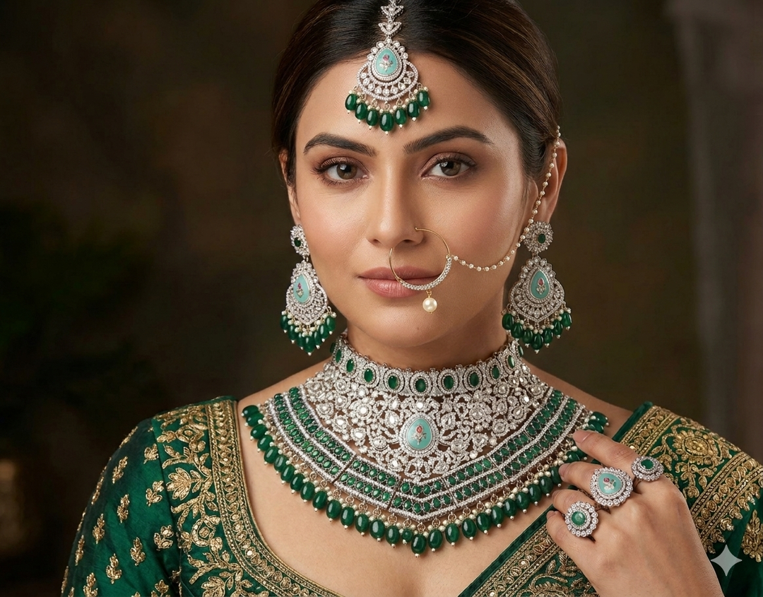 Chaitali Semi Bridal Kundan Necklace - Dark Green (Necklace, Sheeshphool, Ring, Earrings, Nath)