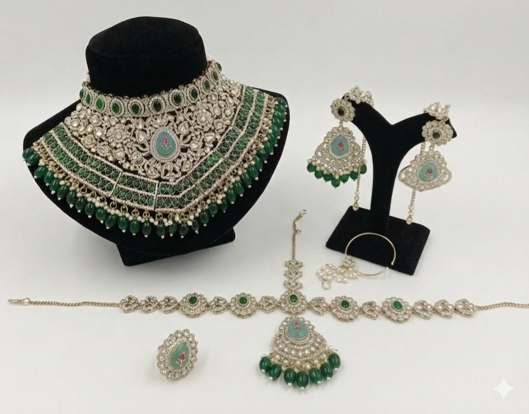 Chaitali Semi Bridal Kundan Necklace - Dark Green (Necklace, Sheeshphool, Ring, Earrings, Nath)