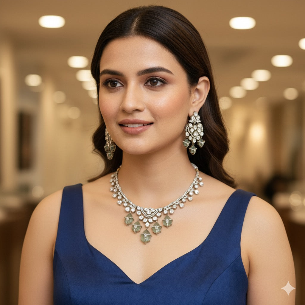 Madhura Moissianite Necklace with Duplet Stones - Mint