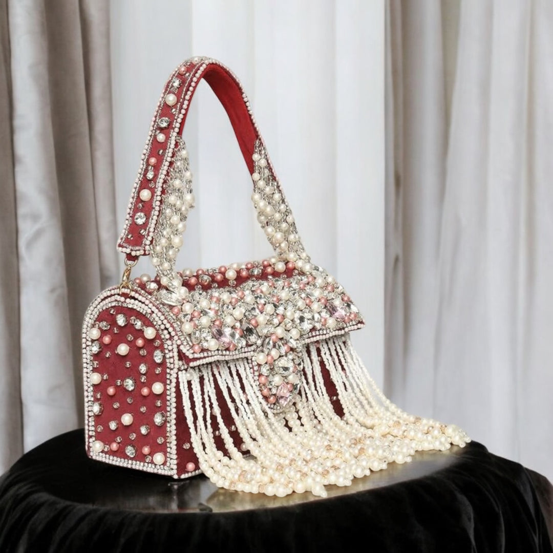 Designer Pearl  Crystal  Clutch - Rani Pink