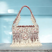 Designer Pearl  Crystal  Clutch - Rani Pink