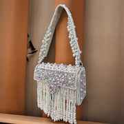 Designer Pearl  Crystal  Clutch - Beige