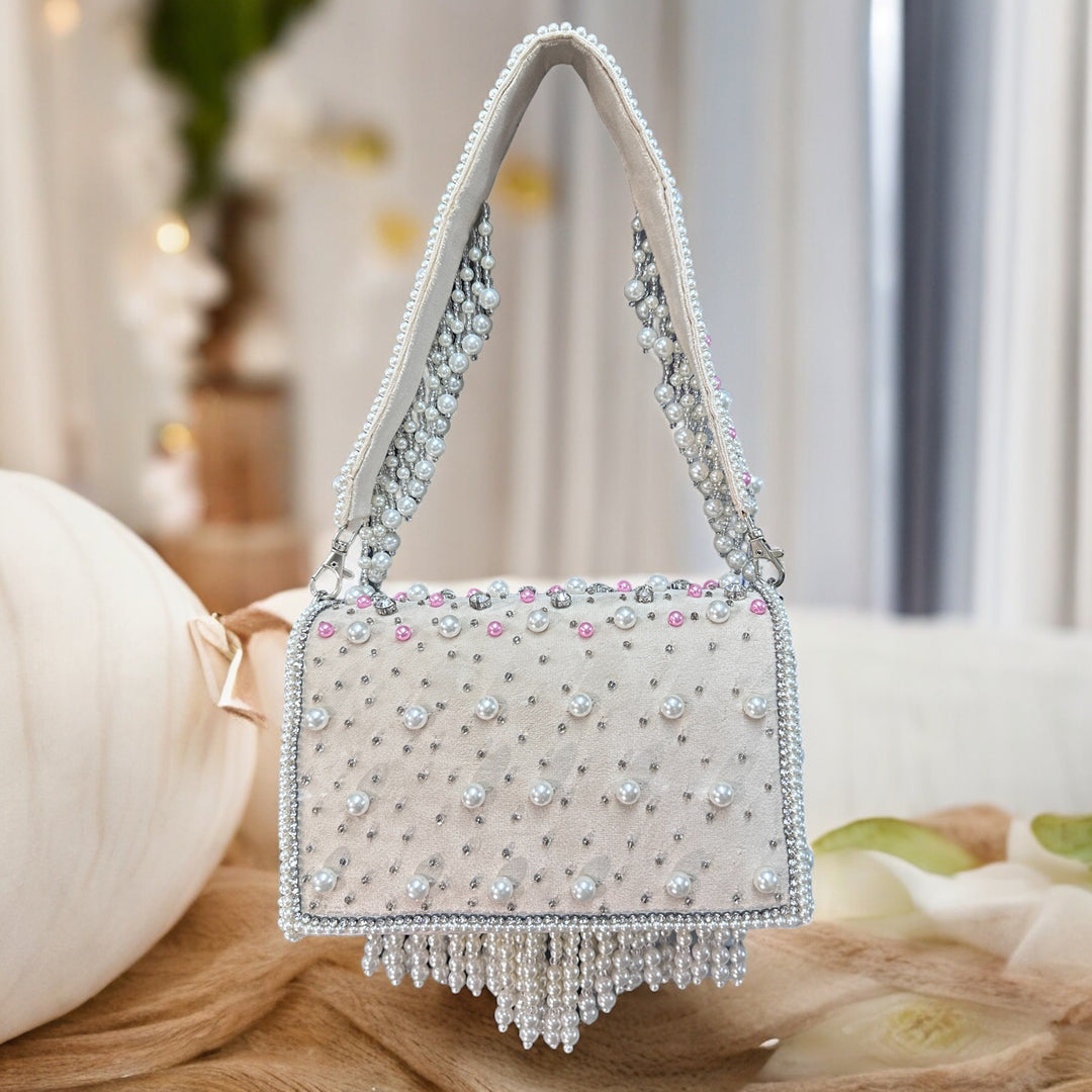 Designer Pearl Crystal Clutch Beige – Kuvar Jewels