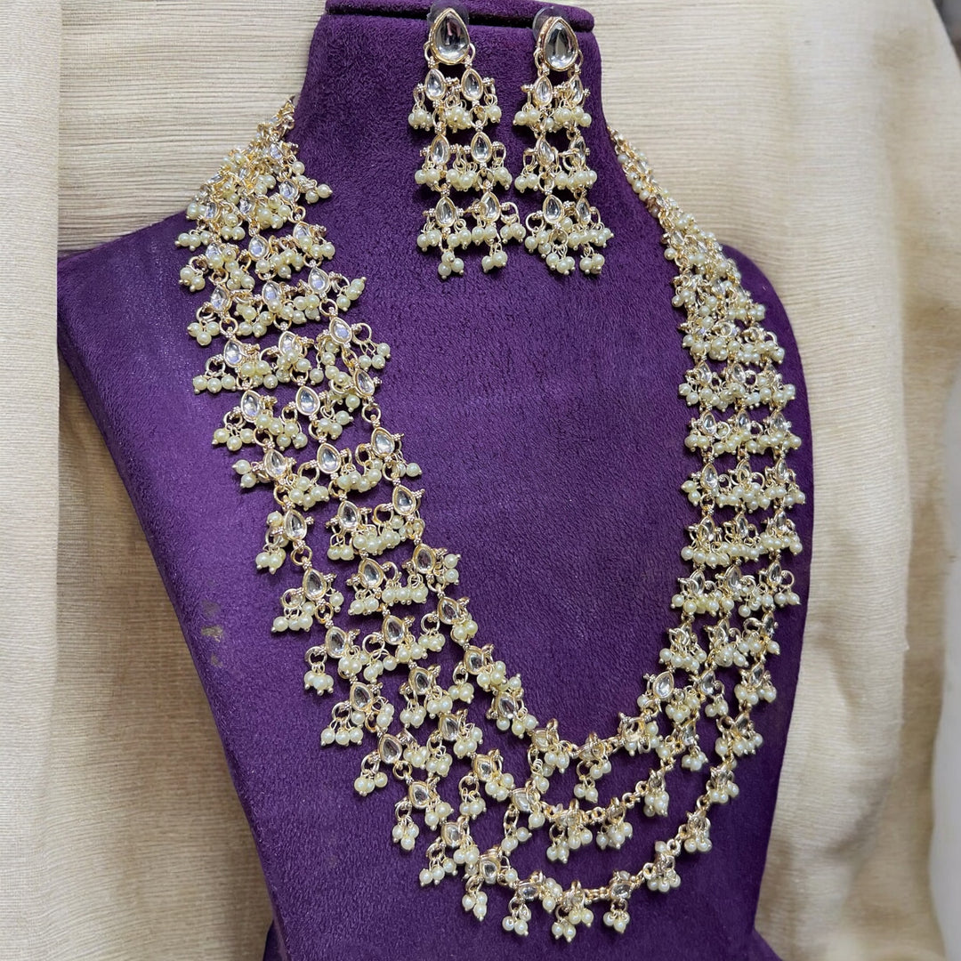 3 Layer Long Kundan Rani Haar With Earrings