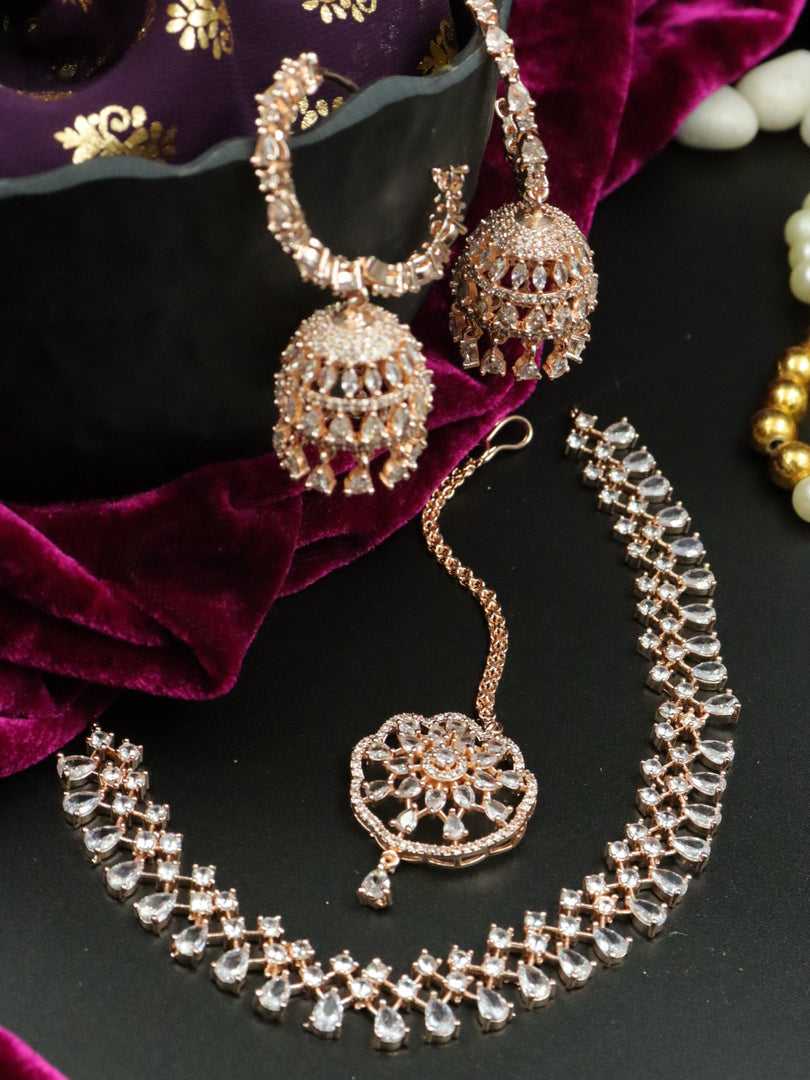 Rosegold Aleena American Diamond Choker With Jhumka