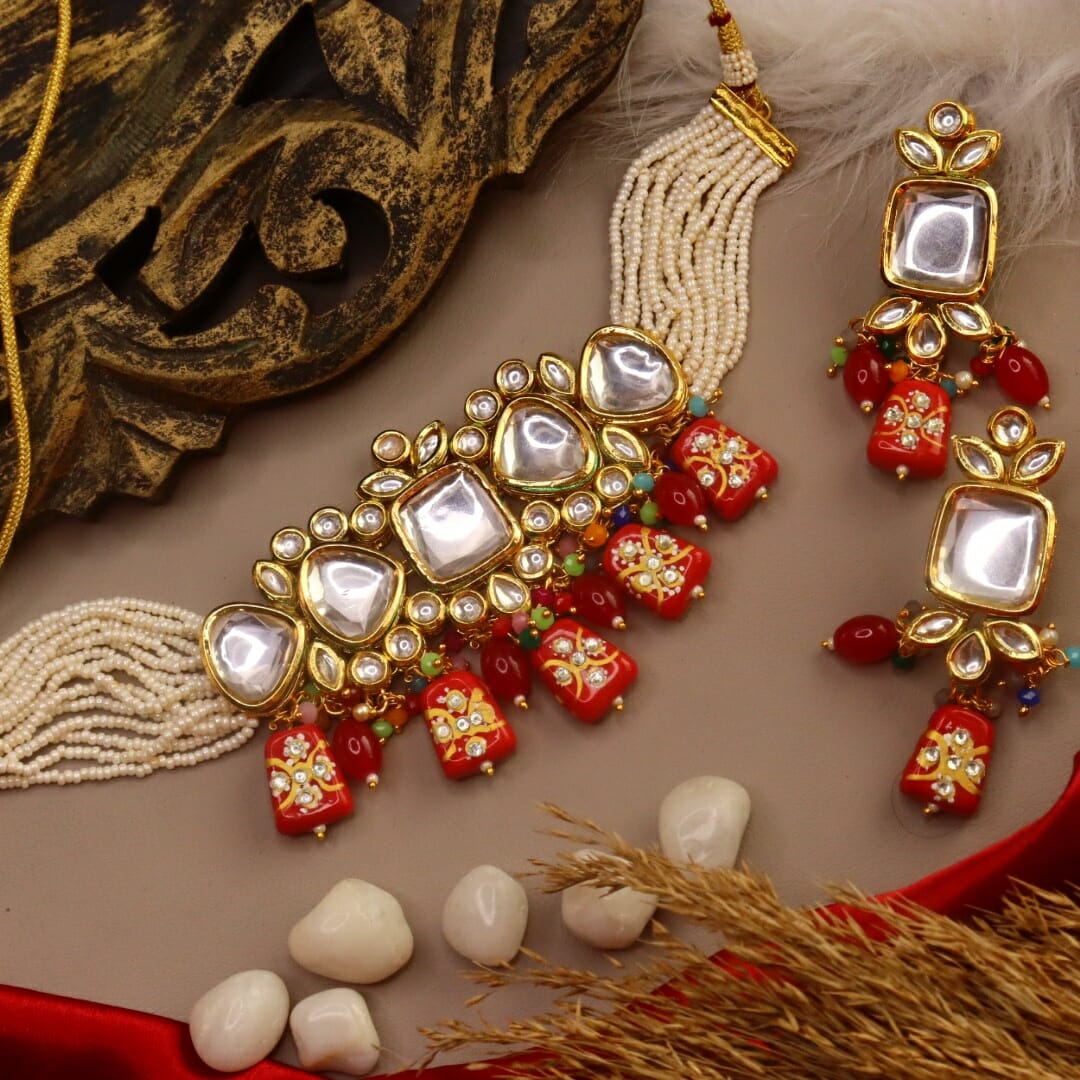 Red - Gulmohar Premium  Choker Set With Monalisa Beads