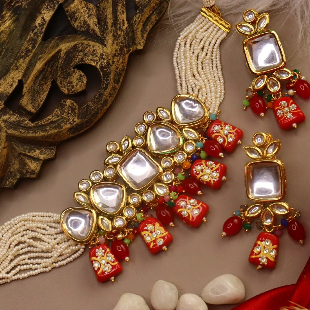 Red - Gulmohar Premium  Choker Set With Monalisa Beads