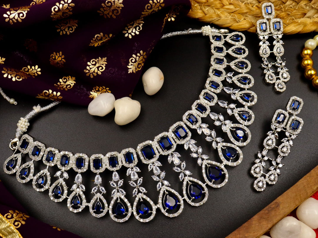 Tanvi American Diamond Choker Set With Mangtika- Royal Blue
