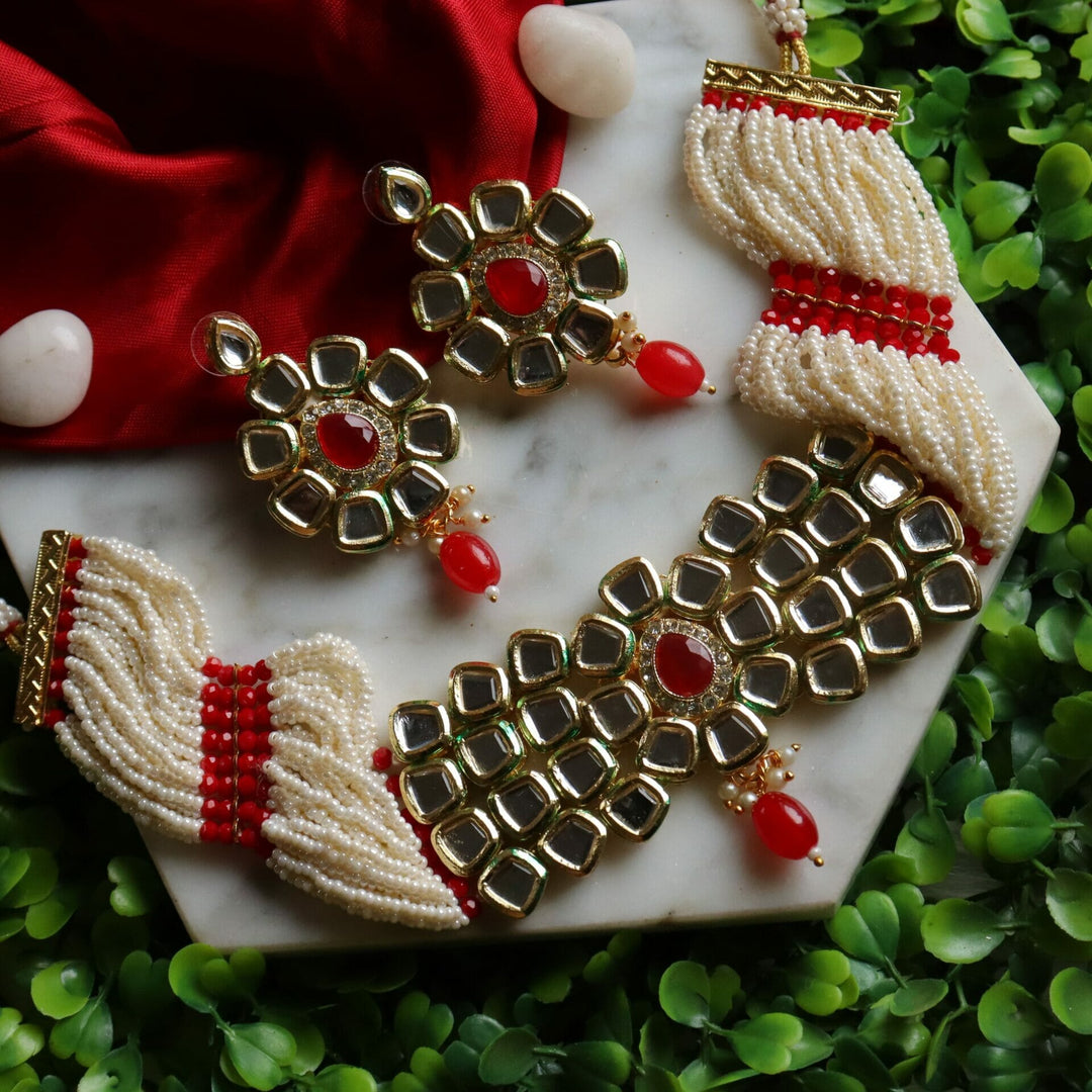 Shanaya Mirror Finish Kundan Choker Set - Red